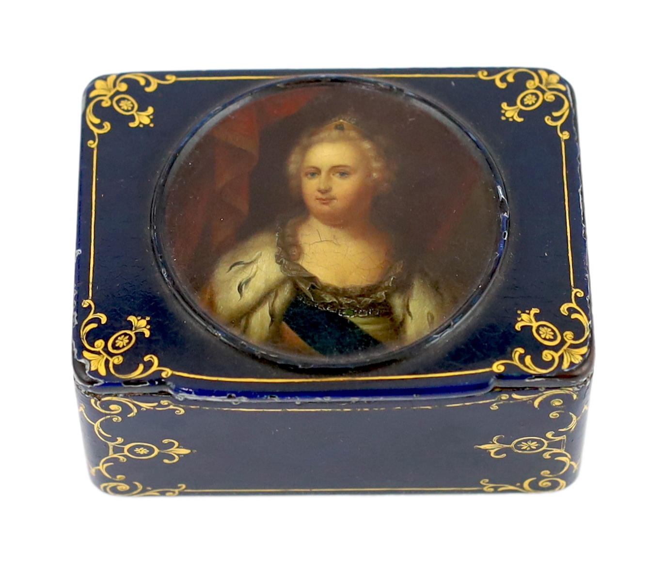 A Russian lacquer Catherine II portrait snuff box, by Lukutin, c.1840